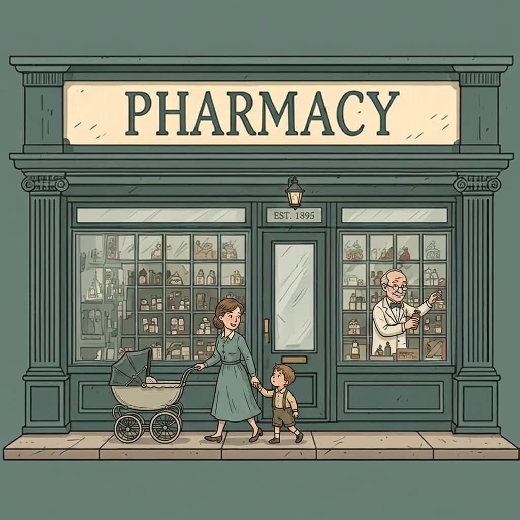Traditional pharmacy storefront with local character