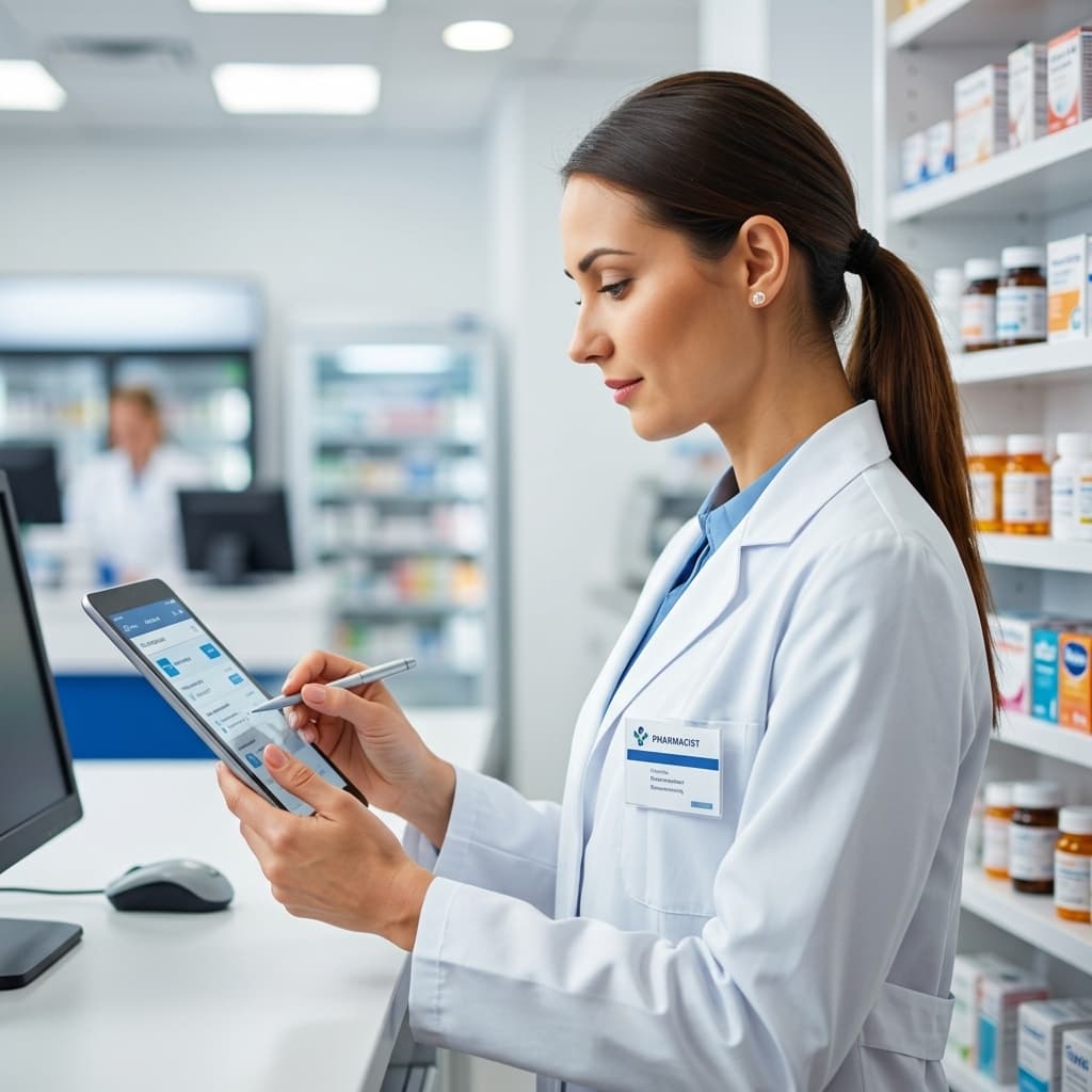 Pharmacist managing medicine inventory with care