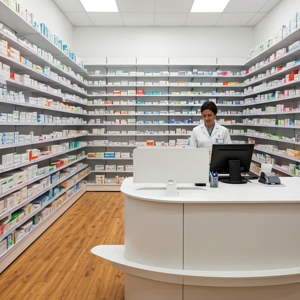 Modern pharmacy interior with professional pharmacist service counter