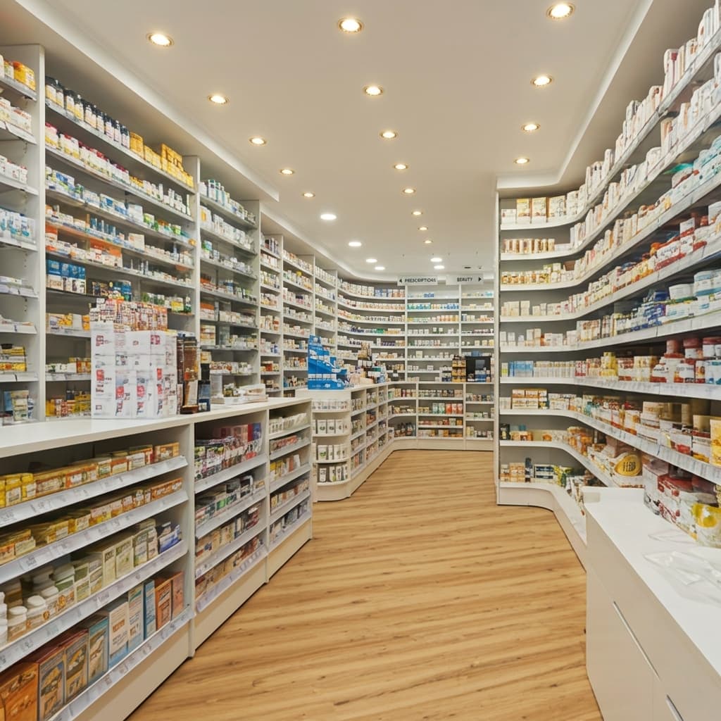 Interior of K.R. Medicines House pharmacy with stocked shelves and professional staff